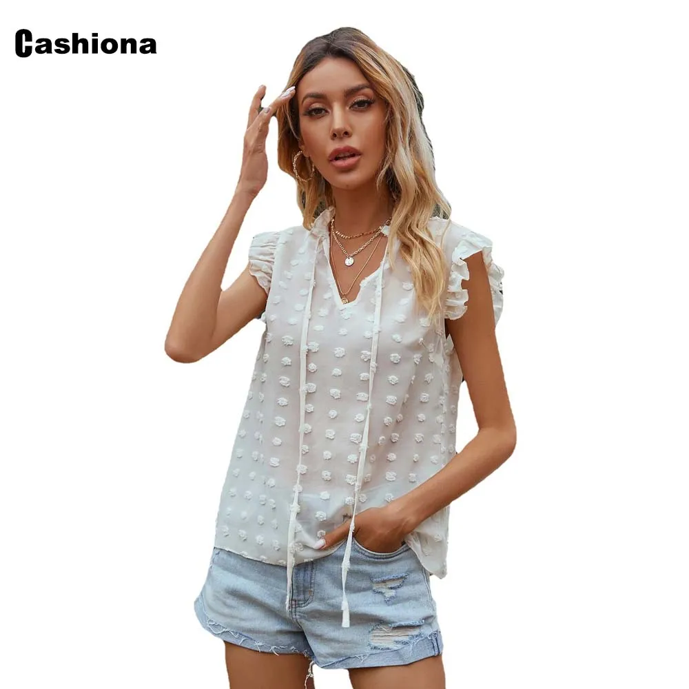 Cashiona Women New Summer Dot Print Shirt Bandage V-neck Top Ruffled Sleeve Elegant Chiffon Blouse Femme blusas shirt ropa mujer
