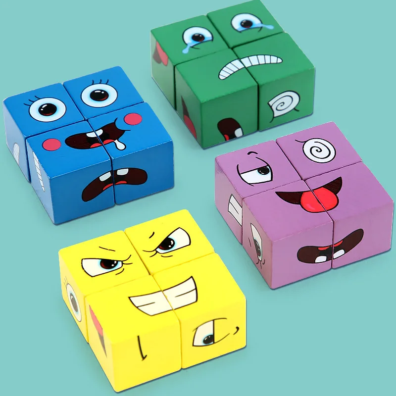 

Cartoon Cube Face Changing Building Blocks Board Game Wooden Puzzle Montessori Toy Anxiety Stress Relief Toys For Children Kids