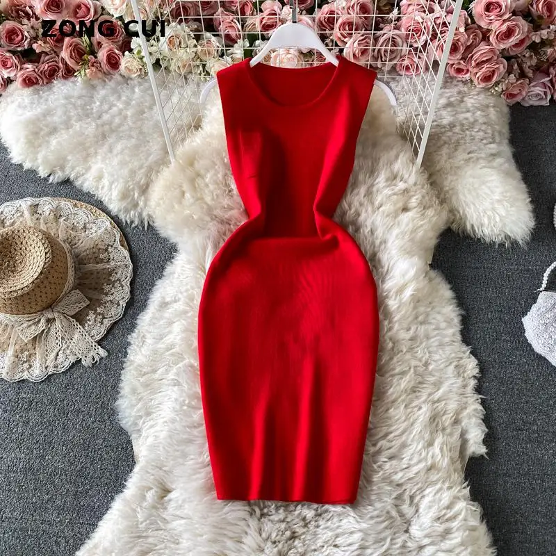 

Women's o-neck bodycon stretch knitted tank dress summer sleeveless pockets solid casual dress women's streetwear Pencil Dress
