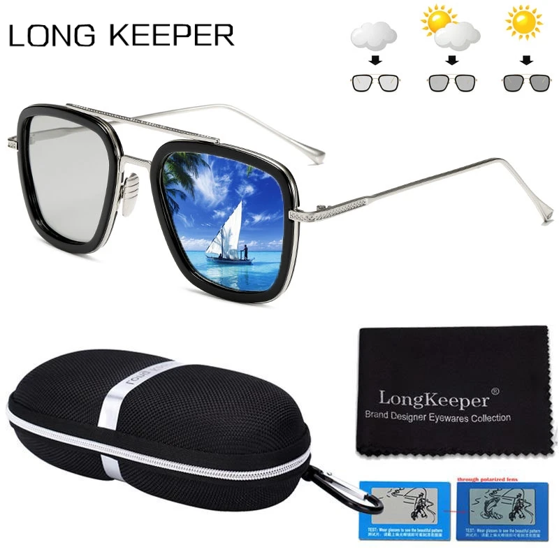 

Polarized Photochromic Sun Glassses Men Tony Stark Iron Man Square Sunglasses Male Woman Brand Design Chameleon Pilot Goggles