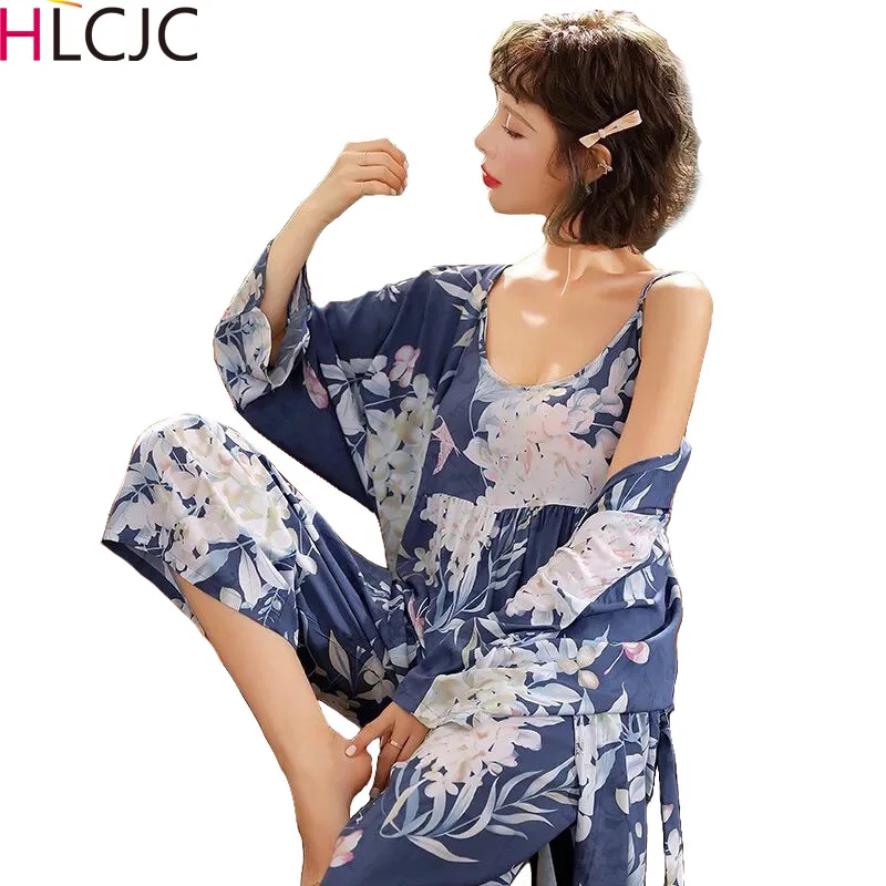 3 шт. домашний костюм 2020 летняя Пижама с цветочным принтом женская пижама