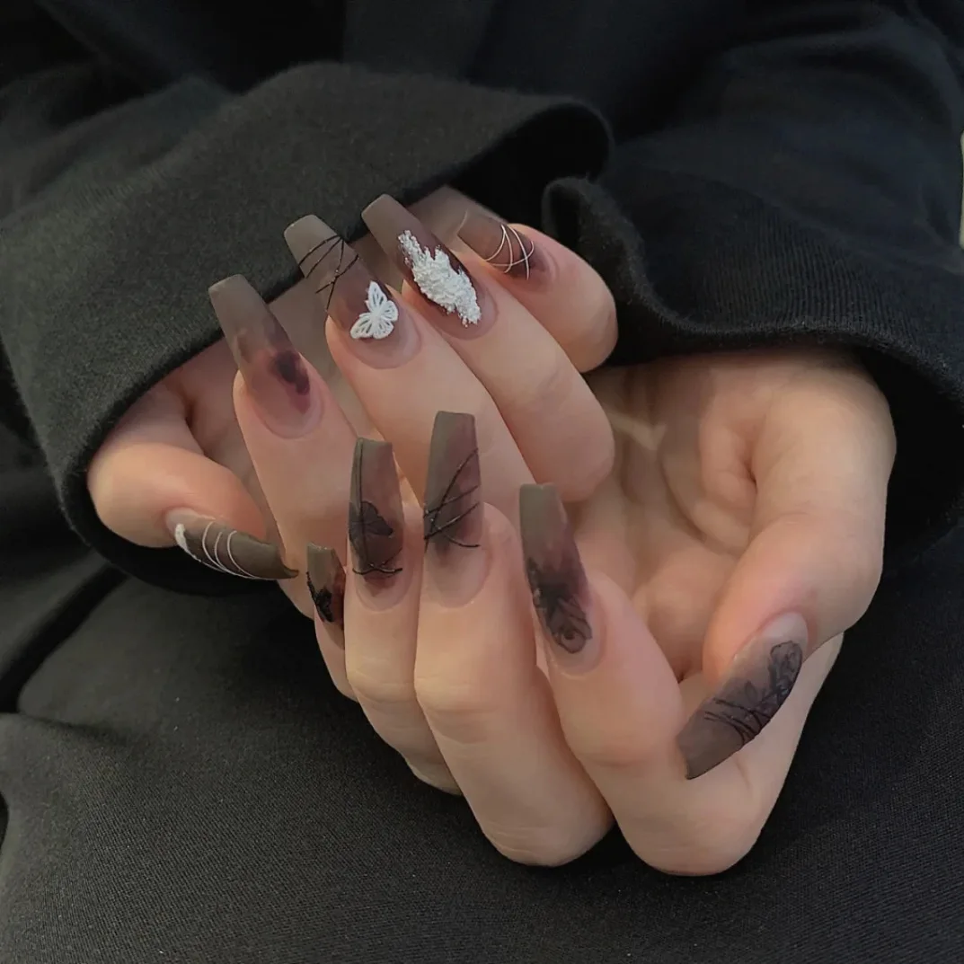

Nails 24pcs White Butterfly Nail Patch Glue Type Removable Long Paragraph Fashion Manicure Save Time False Nail Patch FRE-Drop