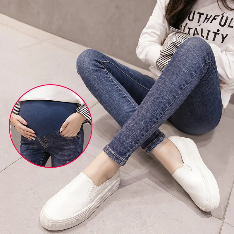 

Elastic High Waist Skinny Pencil Jeans for Pregnant Women's Autumn Winter Casual Fashion Scratched Stomch Lift Denim Jeans Pants