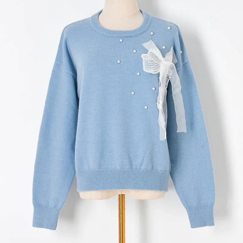 2021 Autum Winter New Sweet Lace Bead Bow Round Neck Knitted Sweater Girls OL Slim Pullover Women's dropshipping | Женская одежда