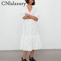 women vintage white embroidery hollow out summer dress short sleeve loose v neck party midi dresses vestidos mujer robe femme
