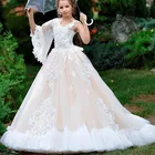 Бежевое Тюлевое белое кружевное платье с цветами для девочек на свадьбу с одним рукавом Детское платье для первого причастия