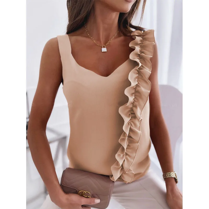 

Summer Sexy Sleeveless V Neck Halter Ruffle Blouse Shirt Women Casual Solid Fashion Backless OL Elegant Pullover Vest Sling Tops