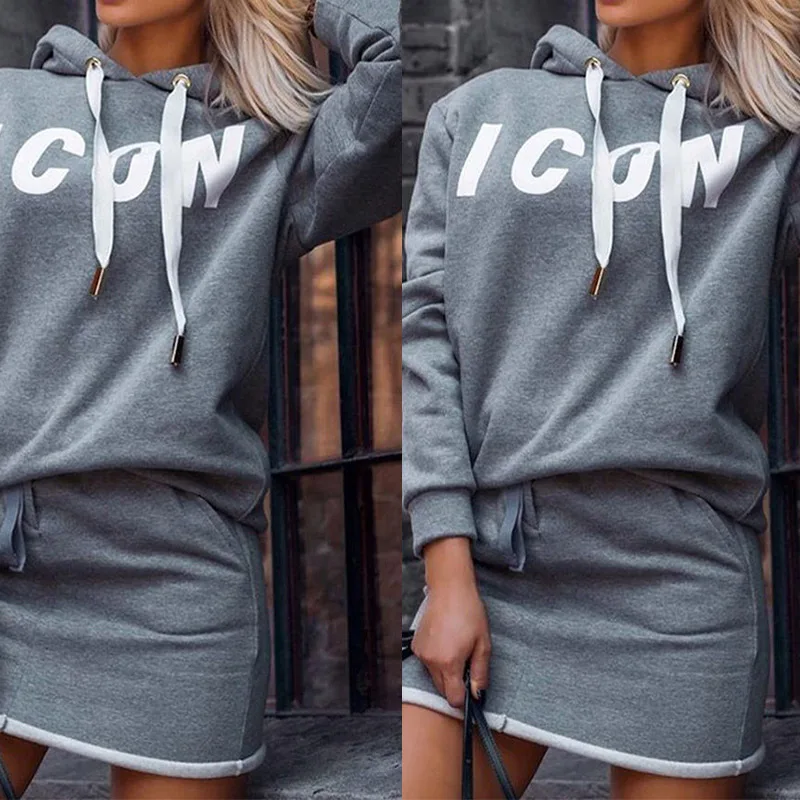 

Autumn Women's Set Letter Hoodie Short Skirt 2020 Lady Casual Suit Drawstring Hooded Sweatshirt Mini Skirts Elegant Female Suit