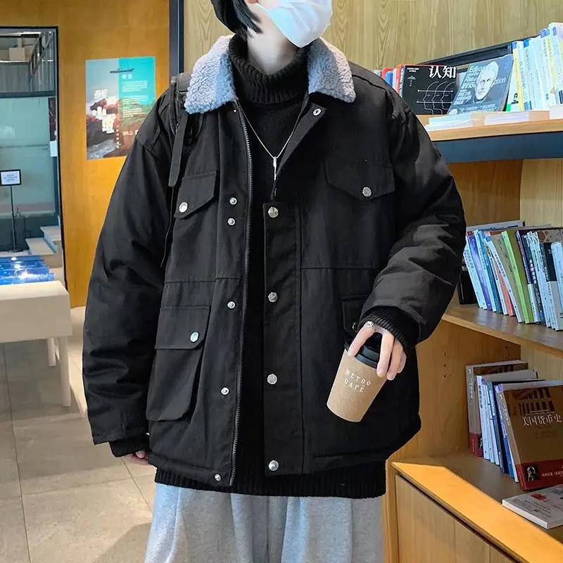 Japanese Retro Tooling Cotton-padded Jacket Men's Multi-pocket Loose Coat Imitation Lamb Fur Collar American Winter Jacket Men