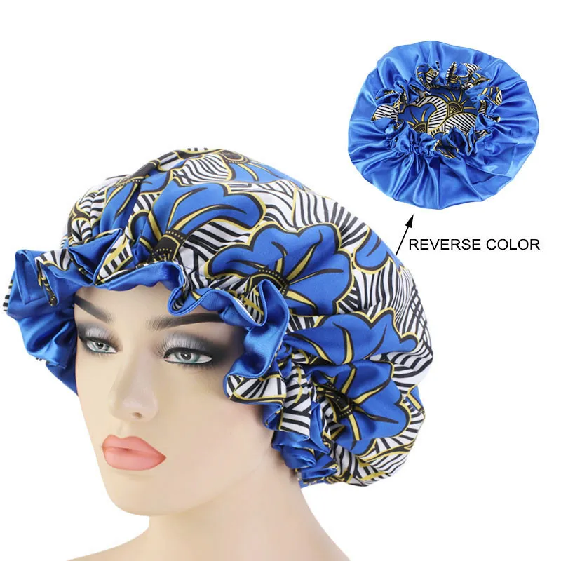 

Double Layer Silky Lined Bonnets Elastic Band Fungus Brim Sleep Cap Head Wrap Turban African Women Ankara Satin Bonnet TB-77C