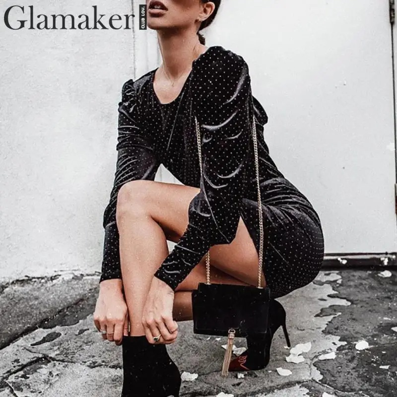 Glamaker, бархатное Черное мини-платье в горошек, Осеннее, с длинным рукавом, с открытой спиной, короткое, элегантное, женское, вечерние, Клубное, женское, облегающее платье