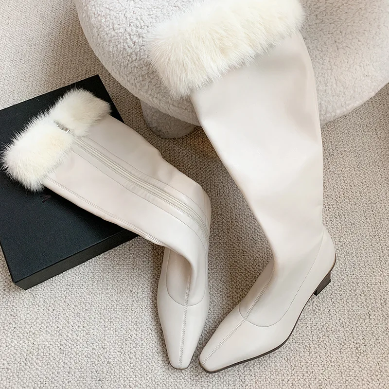 

Knee-high Boots Autumn Winter New European American Style Square Toe Thick Heel Side Zipper Fur Boots Women Stretch Knight Boots