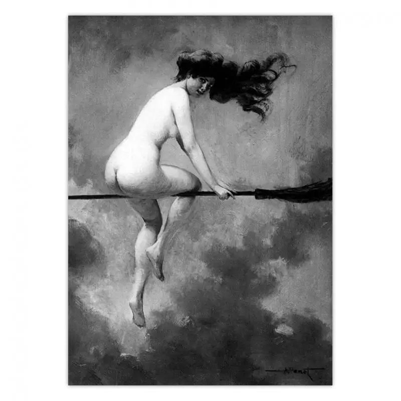 

Gothic Canvas Print Witch Riding Broom Vintage Poster Wall Art Decor Painting Mysterious Halloween Decor for Living Room Murals