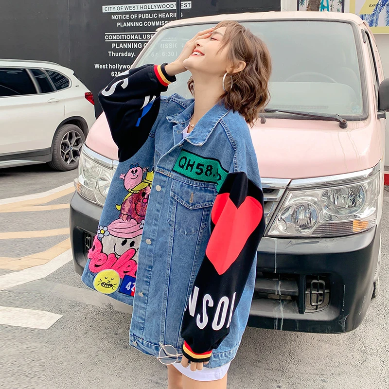 Женские джинсовые куртки с блестками шикарные в стиле пэчворк весна осень