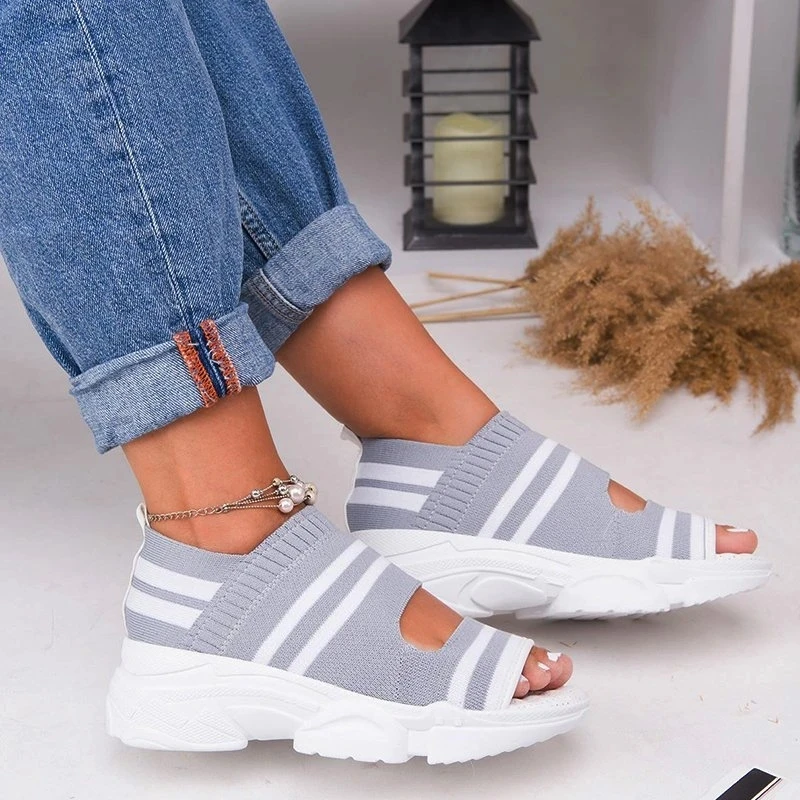 

2021 New Women Sandals High Heels Platform Women Shoes Summer Casual Female Sneakers Knitting Slip On Peep Toe Women Sandals