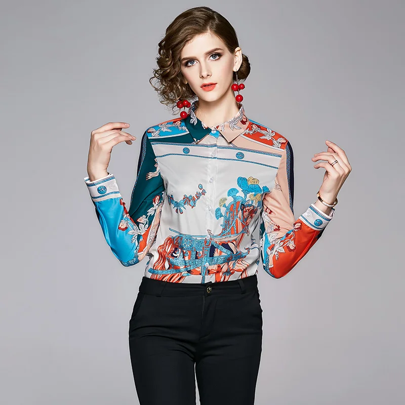 

2019 poker print shirts long sleeve leopard tops blouse color flower Runway Blouse
