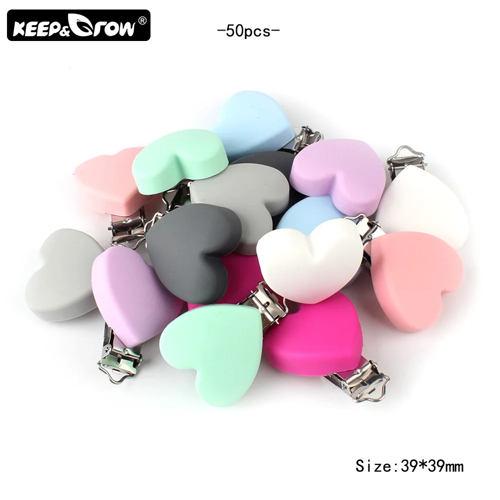 Keep&Grow 50Pcs Baby Teether Heart Shape Silicone Pacifier Clips BPA Free For DIY Pacifier Chain Nipple Holders Toy Accessories