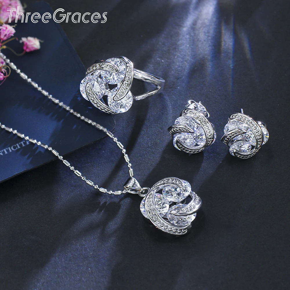 

ThreeGraces New Fashion Silver Color Jewelry Sets Cubic Zirconia Knot Earrings Necklace Ring Set for Women Dancing Party JS124