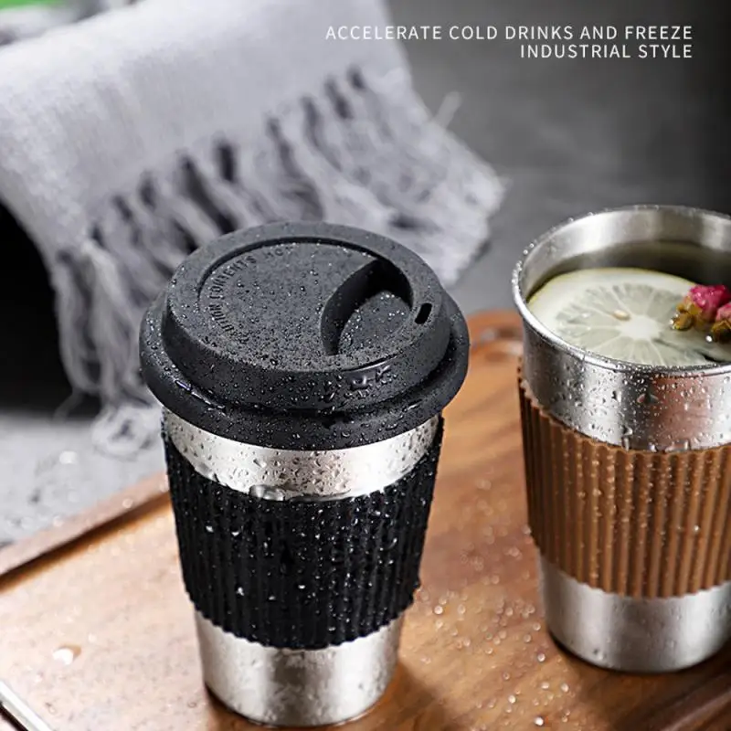 

400ML Stainless Steel Coffee Cup with Silicone Lids Non-slip Anti-scalding Sleeves Drinking Tumblers Beer Milk Tea Coffee Mugs