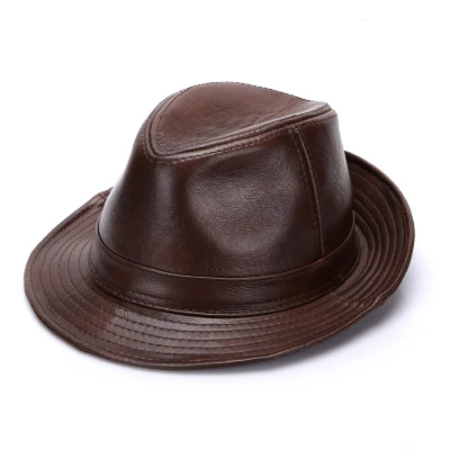 dark brown Новинка, Брендовые мужские шапки из натуральной воловьей кожи, осенне-зимние теплые шапки из натуральной воловьей кожи, Шляпа Fedora - Цвет: dark brown