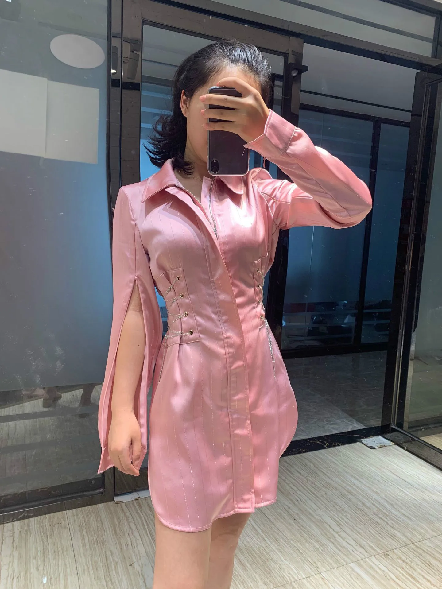 

Women Shirt Dress Satin Pink Crystal Sashes Lace Up Sleeve Slit Hem Split Elegant Lady Robe Vestidos Sexy Party Club Casual Ins