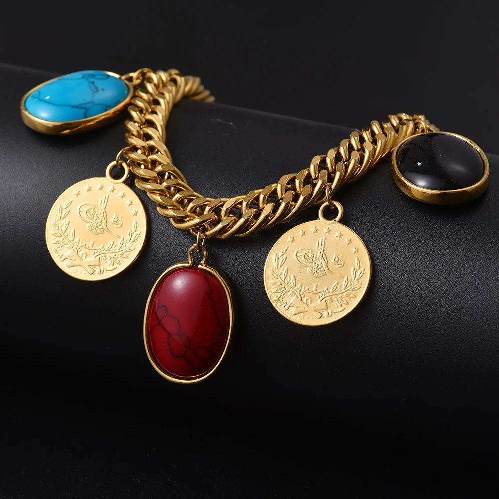 Length 22.5CM/Turkey Coin Bracelet for Women Gold Color Turks Simgesi Osmanli Turasi Muslim Islam Bangle Arab Allah Jewelry