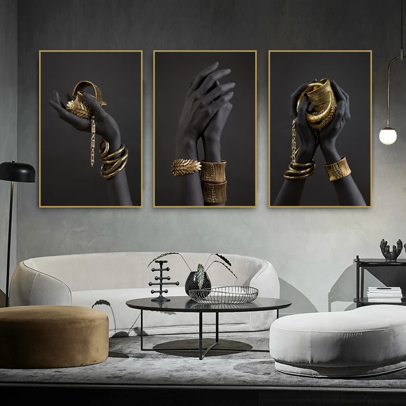 

Black Woman's Hand Print Canvas Painting Gold Jewelry Posters And Prints African Wall Art Pictures Home Decoration Mural