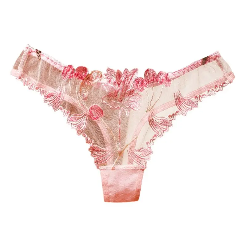

Женские сексуальные прозрачные сетчатые стринги, нижнее белье, T-образные Цветочные кружевные стринги с вышивкой