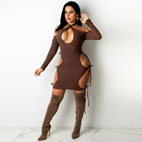 ribbed fashion lace up hollow out crossed halter mini dresses for women long sleeve backless dress bodycon club outfits vestidos