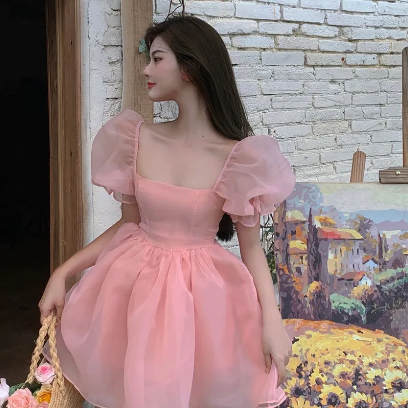 Милое розовое Сетчатое Пышное Платье для девочек с квадратным вырезом и пышными