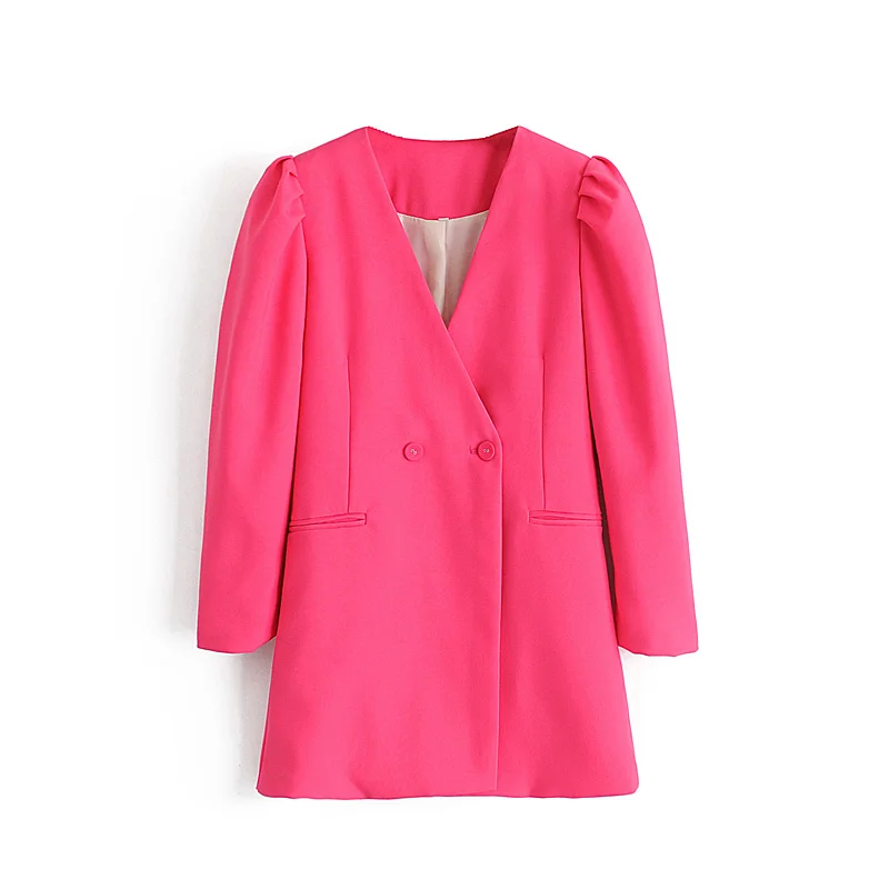 Women's suit jacket autumn new style fashion temperament rose red V-neck shrugged bubble sleeve mid-length suit jacket female