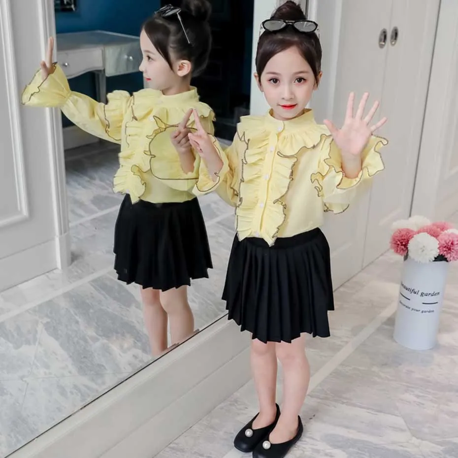 Весенняя детская одежда блузка с оборками и плиссированная юбка для девочек из 2