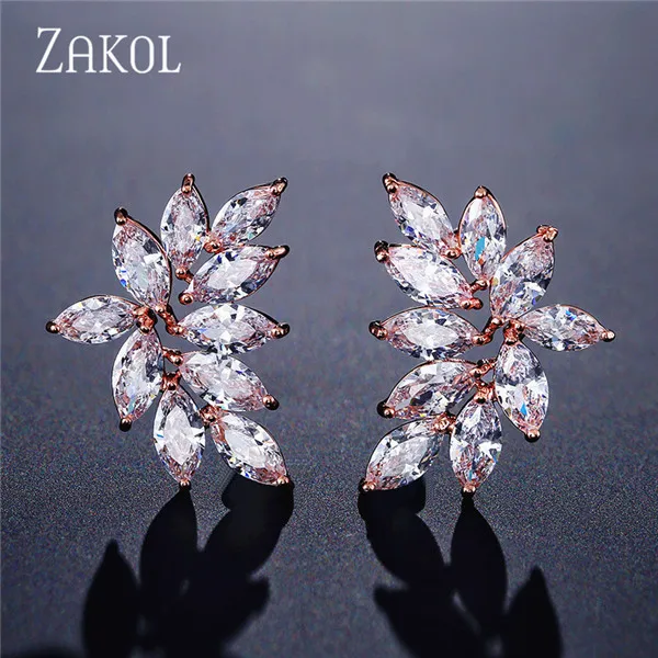 ZAKOL модные AAA кубический циркон цветок Форма, серьги со шпилькой, для Для женщин популярные лист украшения на день рождения, свадьбу подарок FSEP2233 - Окраска металла: Rose Gold Color