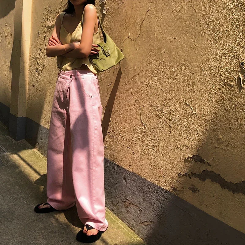 Женские Длинные винтажные джинсы DEAT ярко-розовые потертые полной длины с