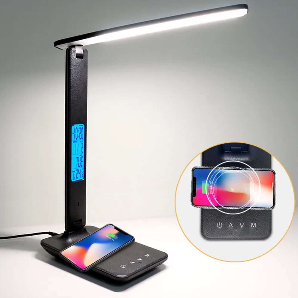 

Wireless Charging LED Desk Lamp 10W With Calendar Temperature Alarm Clock Eye Protect Reading Light Table Lamp 2020 Wall Sconce