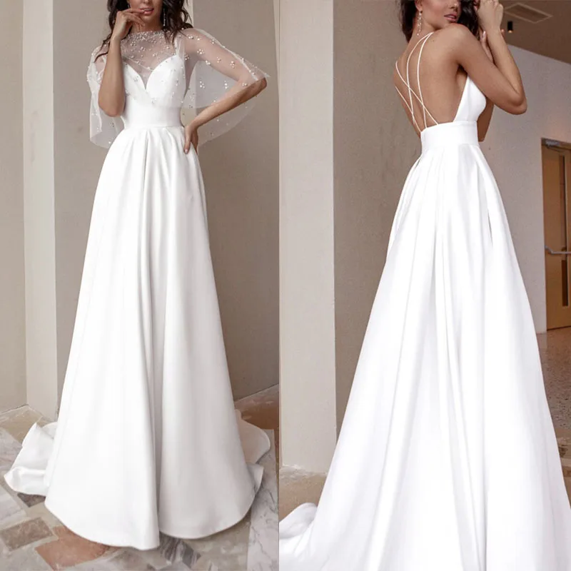 

Пикантное свадебное платье с открытой спиной для женщин без рукавов спагетти на бретелях Хрустальное платье для выпускного вечера принцес...