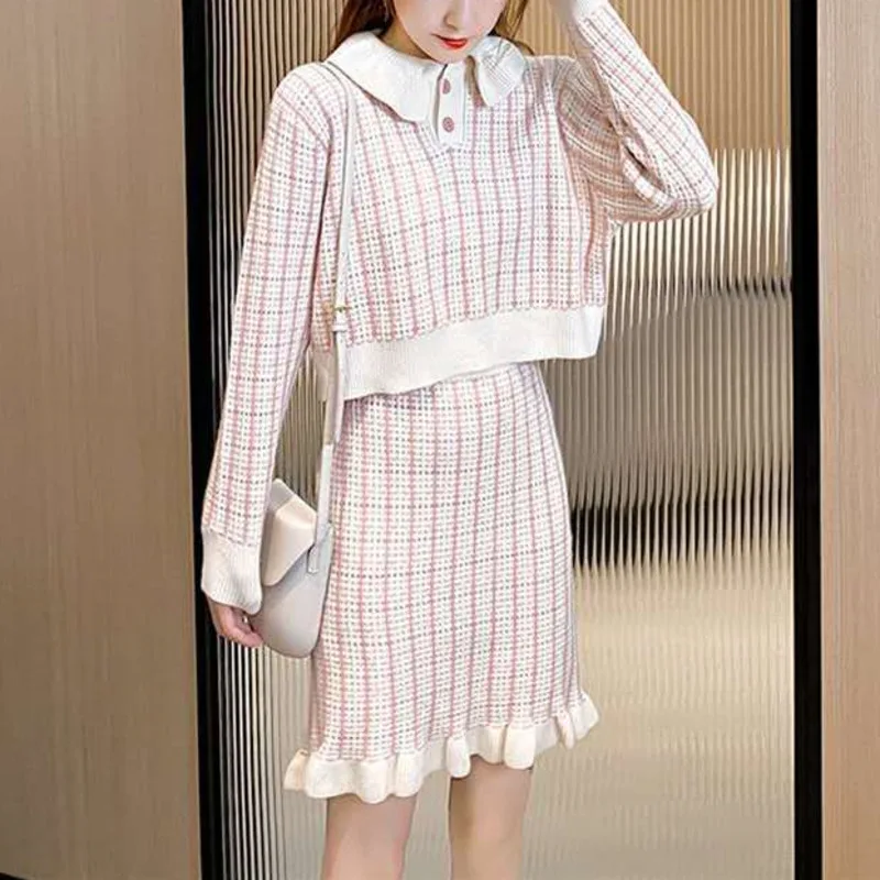 

Women Tweed Sweater Set Fashion Preppy Style Plaid Knitted Short Skirts Sweet Long Sleeve Pullover Sweater Two Piece Set Female
