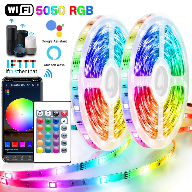 5M-30M WIFI LED Strip Lights Bluetooth RGB Led light 5050 SMD Flexible Waterproof Tape Diode DC 12V WIFI 24K IR Controller Power