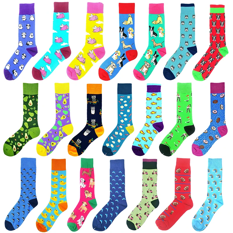 Novelty Men's Socks Harajuku Cotton Funny Happy Cartoon Cat Dog Pattern Unisex Socks Men Novelty Kawaii Calcetines