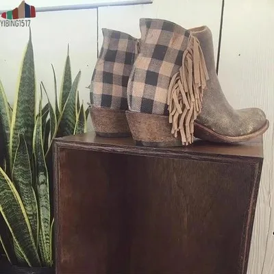 Новые женские ковбойские ботинки с бахромой повседневные замшевые круглым