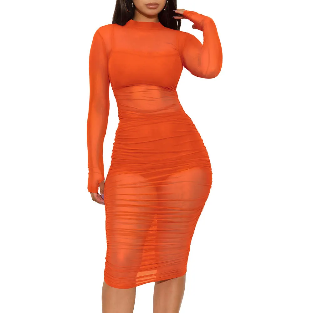 

S-XL Womens Pure Color Long Sleeve Round Collar Small Vest Shorts Gauze Net See-through Dress 21 Summer Sexy Pencil Skirt 3 Sets