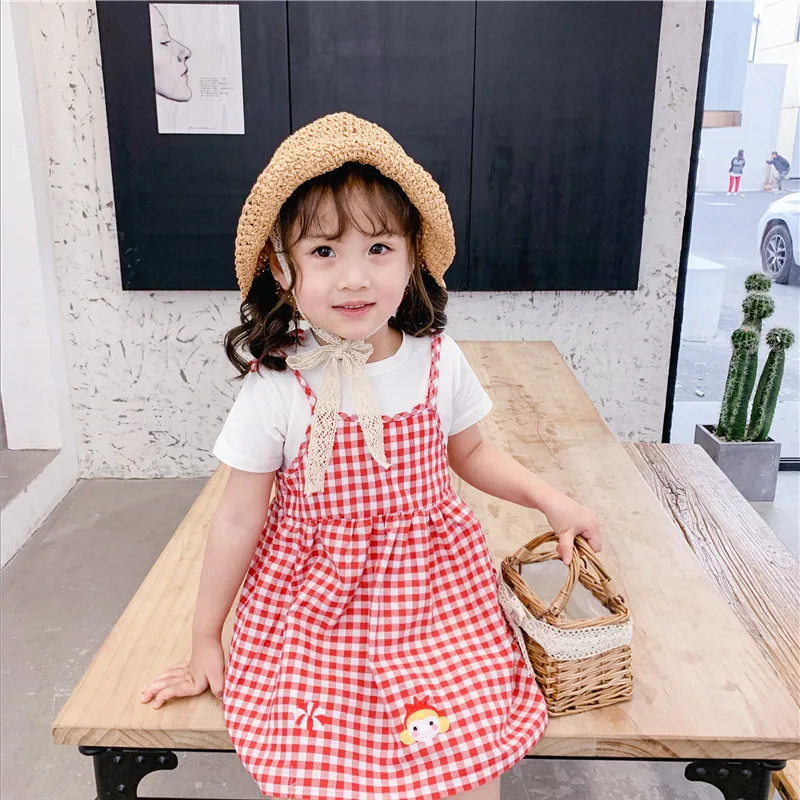 Thunderers Summer Girl Clothing Set White Shirt With Red Plaid Dress Embroidery Cartoon Cotton Toddler Baby Clothes Suit 3Y-7Y | Мать и