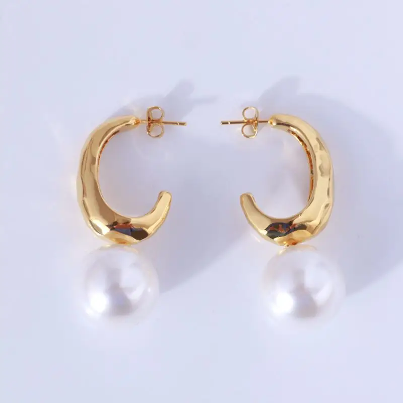 Простые элегантные серьги C образной формы с жемчугом|Серьги-подвески| |