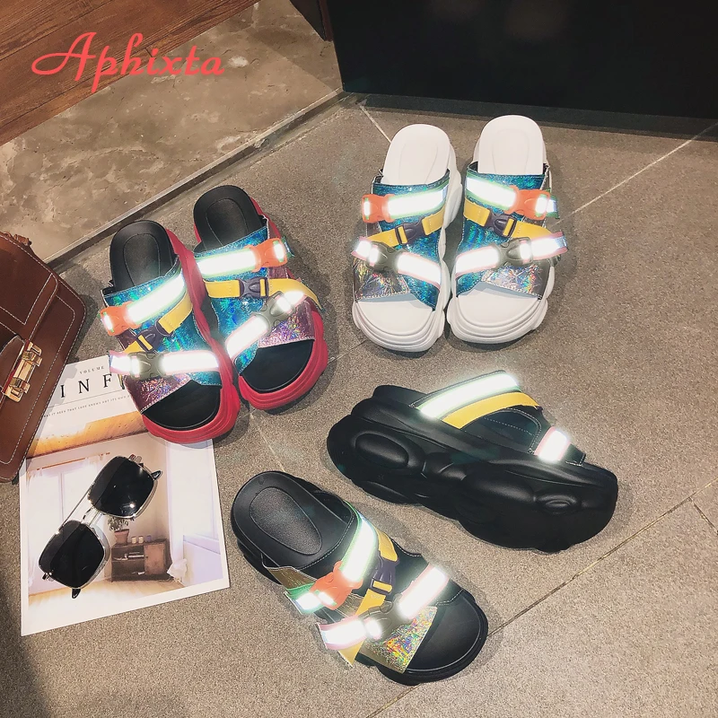 Сланцы Aphixta женские платформа каблук блестки высокие танкетки пряжка летняя