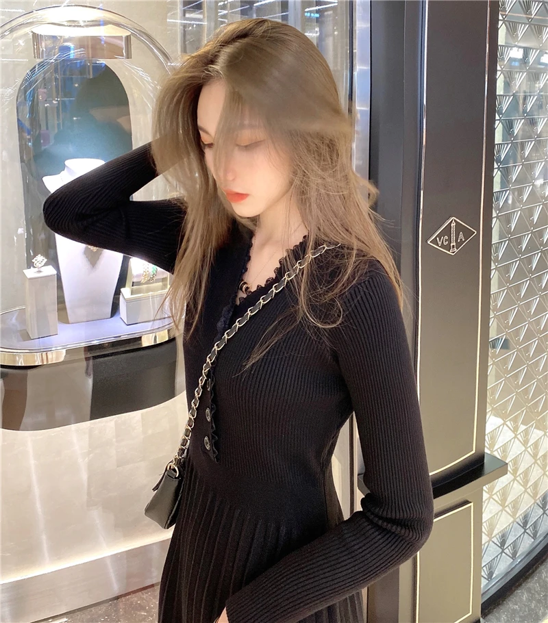 

Women Korean Style Autumn and Winter V-neck Knitted Long-sleeved Pullover Dress Fashion Long Bottoming Pleated Sweater Dresses