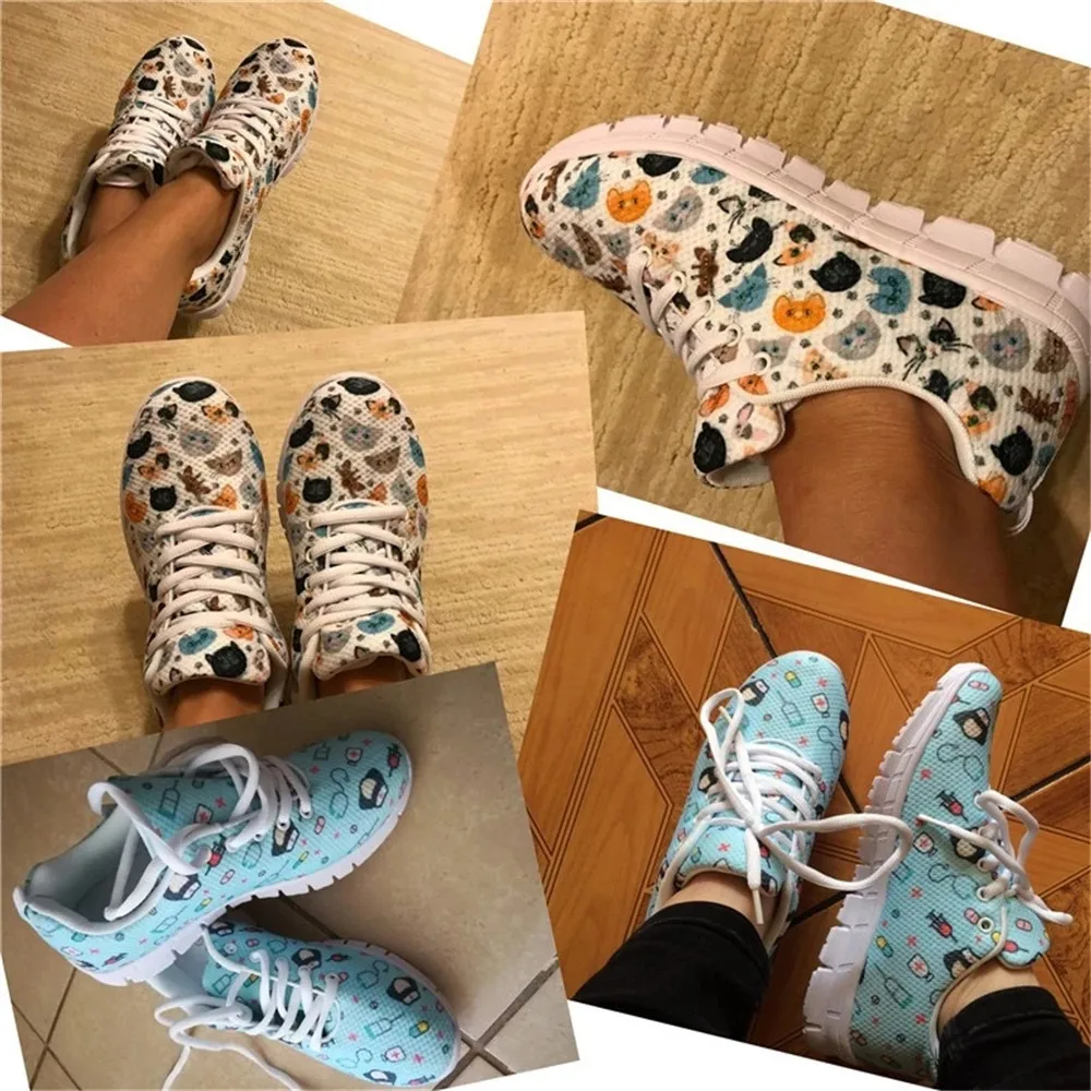 

FORUDESIGN Women Shoes Flats Pet Paw Footprint Casual Ladies Shoes Woman Lace-Up Mesh Breath Female Sneakers Zapatillas Mujer