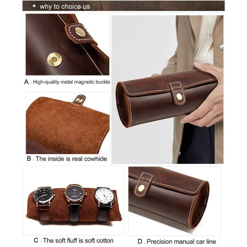 

Travel Watch Case Roll Organizer Vintage Exquisite Round Shape Leather Storage Bag Unique Gifts for Father Husband Lover