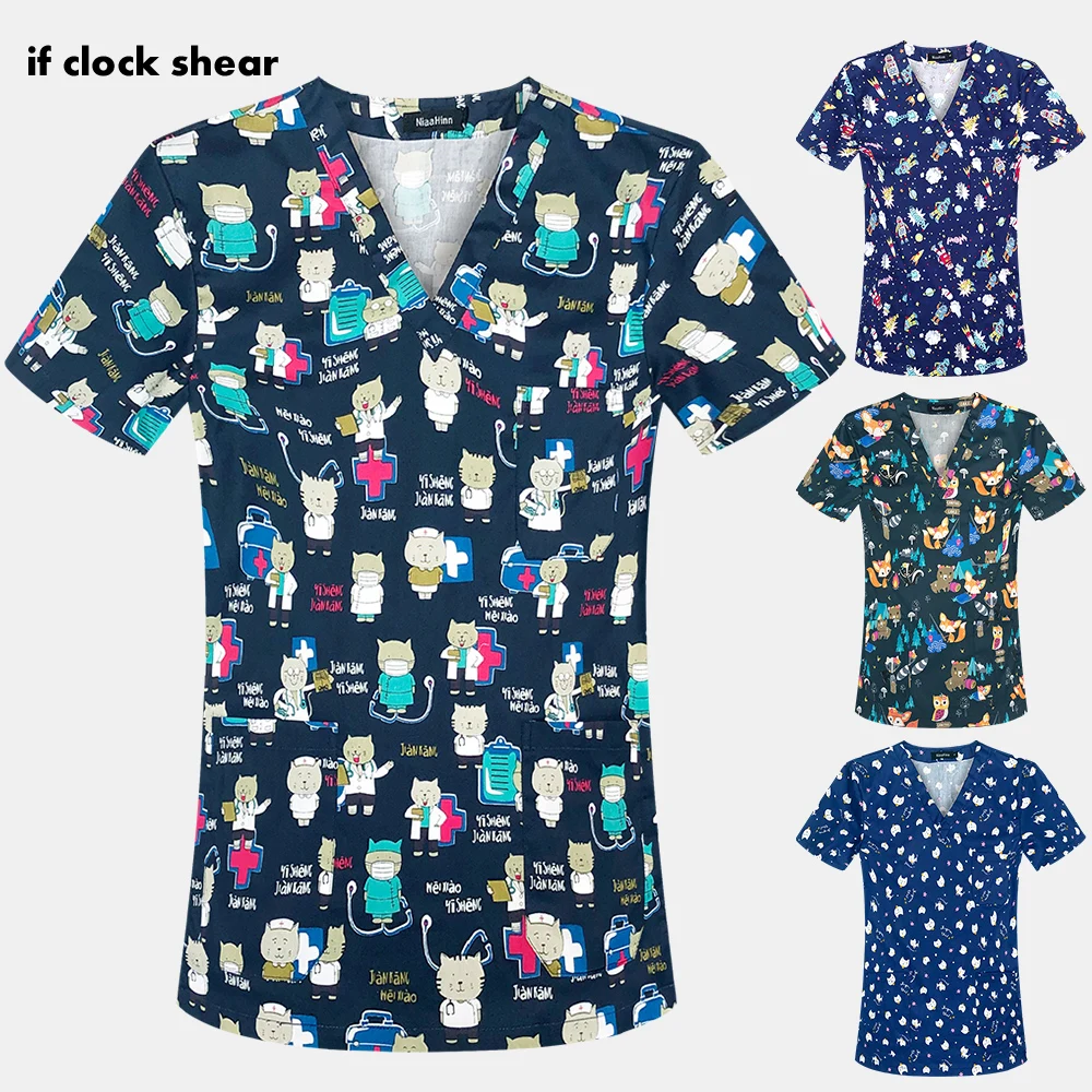 Camiseta con estampado de gato de dibujos animados para mujer, ropa de trabajo de manga corta con cuello en V, uniformes de enfermera y cirugía médica, 2021