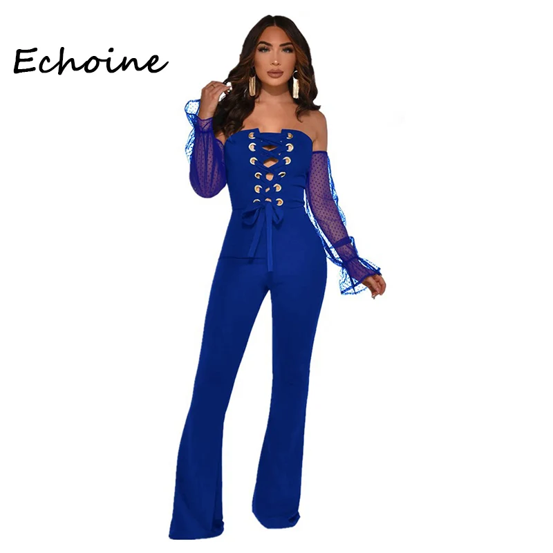 Женский комбинезон с оборками и открытыми плечами длинные широкие брюки