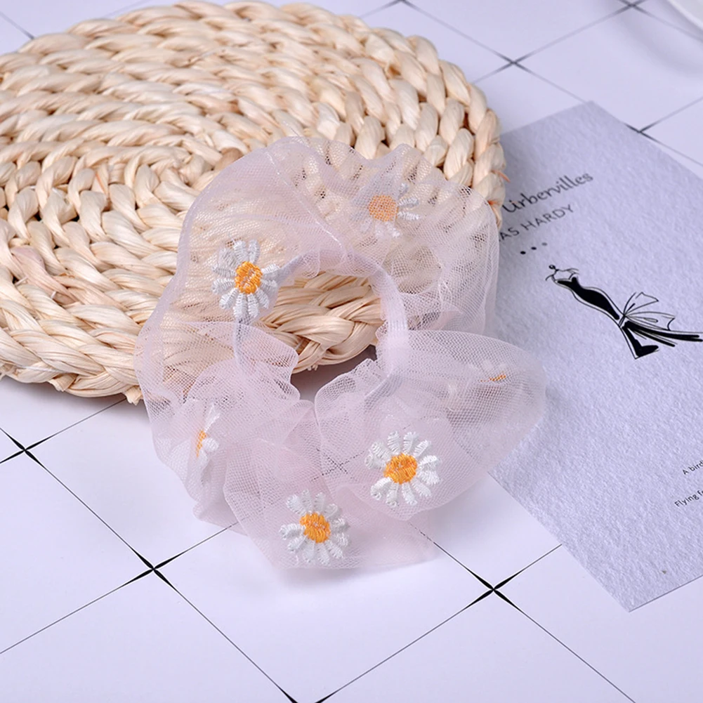 

Sweet Embroidery Flowers Mesh Scrunchies Women Romantic Pink Blue Hair Rope Transparent Tulle Organza Hair Ties Hair Accessories